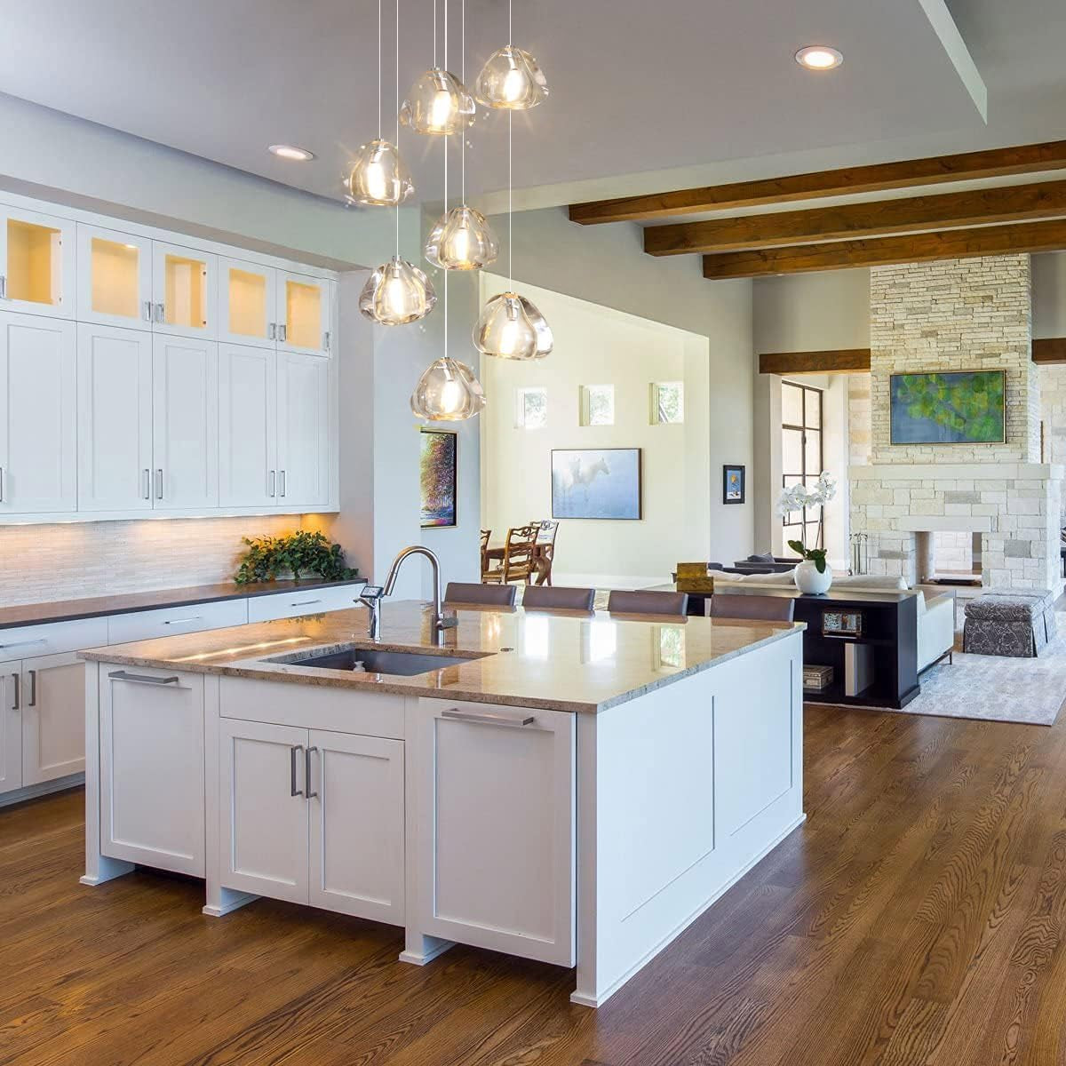 7-Light Chandeliers for Dining Room LED Light Hanging Ceiling Pendant Light Fixtures for Kitchen Island Modern Crystal Flush Mount Ceiling Lighting for Bedroom Bulbs Included