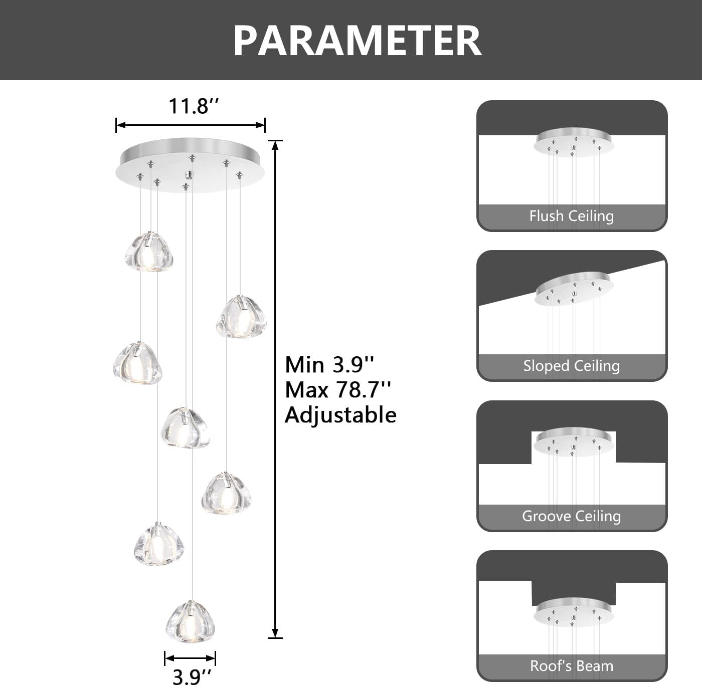 7-Light Chandeliers for Dining Room LED Light Hanging Ceiling Pendant Light Fixtures for Kitchen Island Modern Crystal Flush Mount Ceiling Lighting for Bedroom Bulbs Included