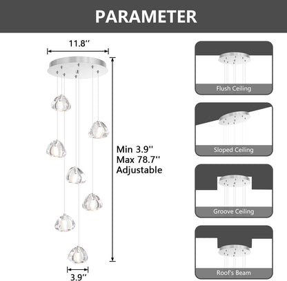7-Light Chandeliers for Dining Room LED Light Hanging Ceiling Pendant Light Fixtures for Kitchen Island Modern Crystal Flush Mount Ceiling Lighting for Bedroom Bulbs Included