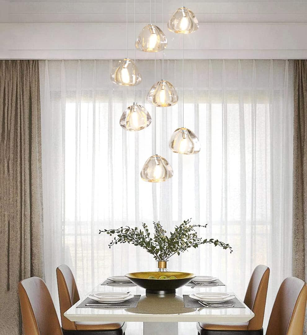 7-Light Chandeliers for Dining Room LED Light Hanging Ceiling Pendant Light Fixtures for Kitchen Island Modern Crystal Flush Mount Ceiling Lighting for Bedroom Bulbs Included