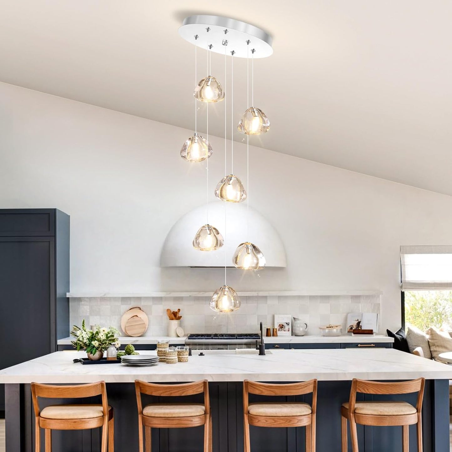 7-Light Chandeliers for Dining Room LED Light Hanging Ceiling Pendant Light Fixtures for Kitchen Island Modern Crystal Flush Mount Ceiling Lighting for Bedroom Bulbs Included